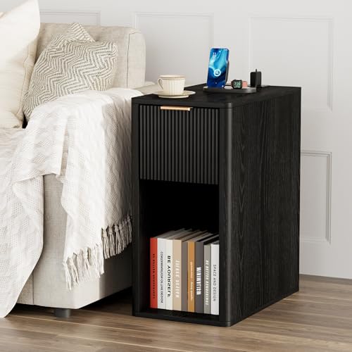 Homleke Narrow End Table with Fluted Drawer & Charging Station | Compact Nightstand with USB Ports & Outlets, Bedside Table for Bedroom, Living Room, Modern Accent Table, Black - color: Black