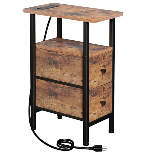 Narrow End Table with Charging Station, Small Nightstand | Skinny Side Tables Living Room with 2 Fabric Drawers, Slim Bedside Table for Bedroom, Small Spaces, Couch, Rustic Brown - color: Rustic Brown, size: 23.22''H (2 Drawers), style: Power