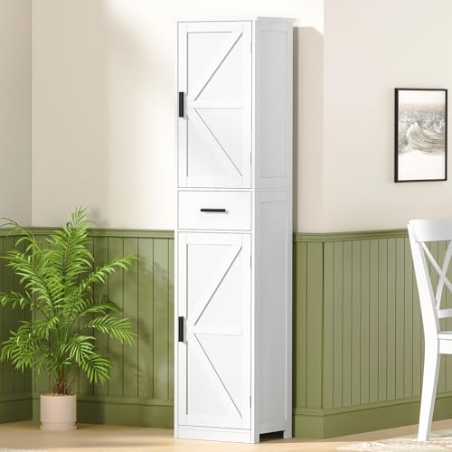 WEENFON Tall Bathroom Cabinet, Storage Cabinet with 6 Shelves & Drawer, Bathroom Storage Cabinet with Adjustable Shelves, Tall Cabinet for Living Room, Home Office, White - color: White