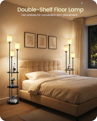 Floor Lamp with Shelves, Modern Floor Lamp with 3 Linen Shades and Foot Switch, 3-Light Standing Lamp, for Living Room, Bedroom, Study, Office, Black and Beige E53LD05 - color: Black + Beige
