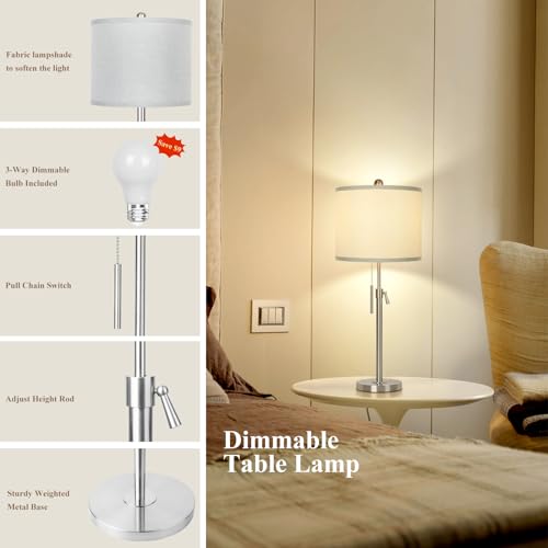 Qingmiao Table Lamps for Bedrooms Set of 2, 22" to 30" Height Adjustable Nightstand Lamps with Linen Shade, Pull Chain Switch Lamps for Living Room, 3 Way Dimmable Bedside Lamp - color: Brushed Nickel,Grey Shade