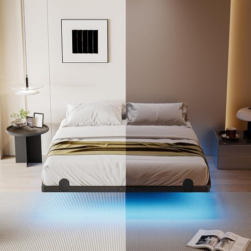 qimamo Floating Queen Bed Frame, 14 Inch Metal Platform Bed with Smart LED Lights & Charging Station, Easy Assembly, No Box Spring Needed - size: Queen (U.S. Standard), style: Floating Look 14"