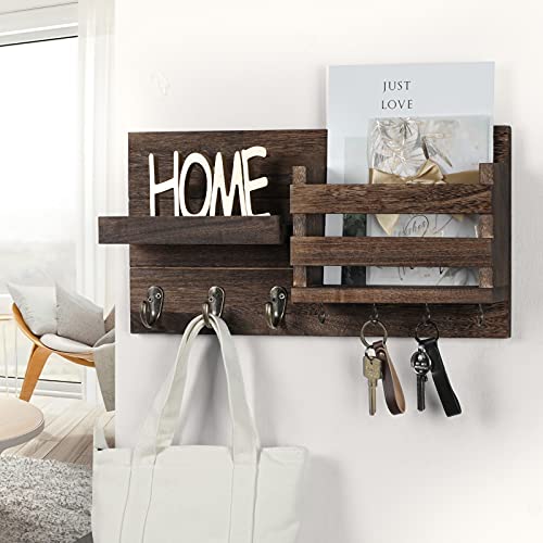 Lwenki Mail Organizer for Wall Mount – Key Holder with Shelf Includes Letter Holder and Hooks for Coats, Dog Leashes – Rustic Wood with Flush Mounting Hardware (16.5” x 8.7” x 3.5”) - color: Brown