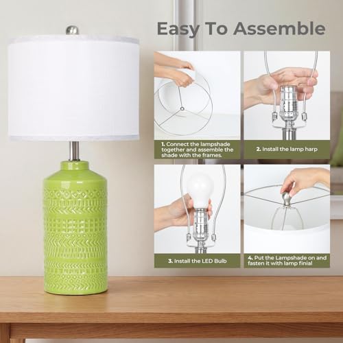JUNNAI Light Green Ceramic Table Lamp 25 inch 3-Way Dimmable Nightstand Lamp with White Linen Shade Bedside Lamp for Living Room Bedroom Office Reading (Bulb Included) - color: Light Green