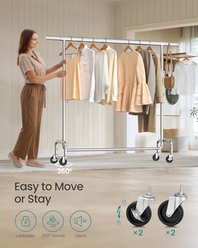 SONGMICS Clothes Rack with Wheels, Heavy-Duty Garment Rack with Extendable Hanging Rod, 286.6 lb Load Capacity, 17.7 x (43.3-59.1) x 64.1 Inches, Chrome-Plated, Silver UHSR11S - color: Silver, size: (43.3"-59.1")W