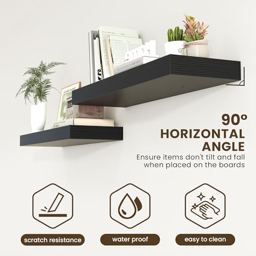 40 Inch Floating Shelves, 12'' Deep Black Shelves for Wall Set of 2 | Invisible Brackets, Engineered Wood, Mounting Hardware Included, 55LBS, Bathroom, Laundry Room, Kitchen, Living Room - color: Black, size: 40W x 11.6D x 2H, 2 Pack