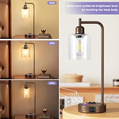 Innqoo Industrial Touch Table Lamps - 3-Way Dimmable Desk Lamps Set of 2 with USB C+A Ports and Outlet, Brown Bedside Lamps with Clear Glass Shade for Living & Bedrooms - color: H-Brown Base&Seeded Clear Glass