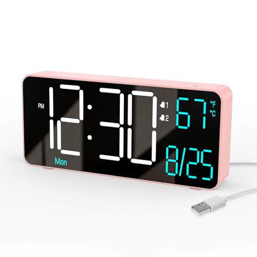 Alarm Clocks for Bedrooms, 6.7in Small Digital Clock, Auto Dimming, Room Temperature, Day of The Week, Date, Seconds, Digital Clocks for Living Room, Alarm Clock - color: Pink (White + Blue Digits)