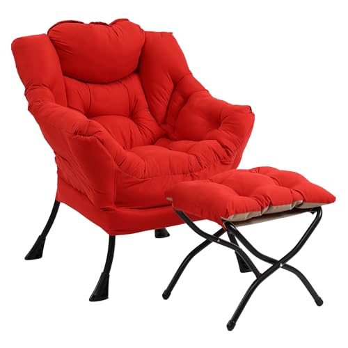 Modern Lazy Chair with Ottoman Lounge Accent Reading Chair for Living Room | Foldable Footstool,Removable Cover,Soft Padded Seat & Backrest,Upholstered Comfy Chair for Bedroom,Dorm,Office,Small Space - color: Red