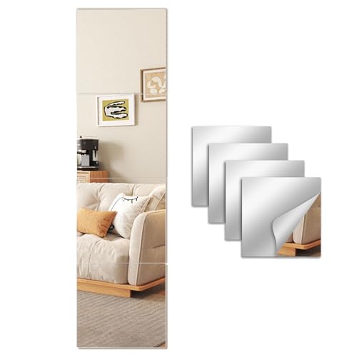Glass Full Length Wall Mirror Tiles,14x12 inch-4PCS | Frameless Body Tiles for Bedroom,Home Gym,Door - color: 4 Pcs, size: 14x12 Inch