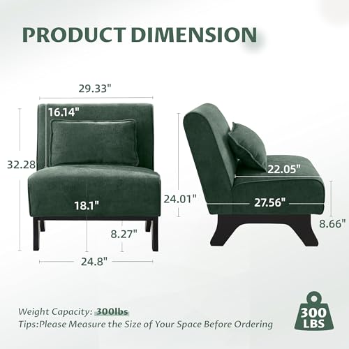 Armless Accent Chair Comfy Upholstered Modern Living Room Side Chair | Comfy Small Accent Lounge Chair with Pillow & Wooden Legs Accent Chair for Living Room Bedroom Farmhouse Reading Green - color: Dark Green
