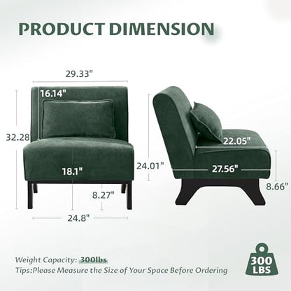 Armless Accent Chair Comfy Upholstered Modern Living Room Side Chair | Comfy Small Accent Lounge Chair with Pillow & Wooden Legs Accent Chair for Living Room Bedroom Farmhouse Reading Green - color: Dark Green