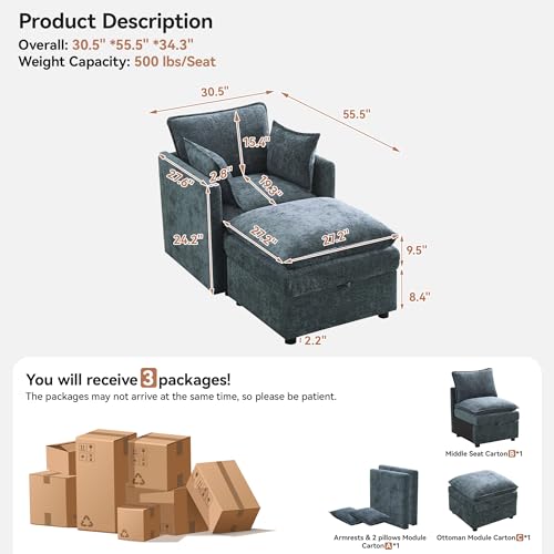 30" Cloud Modular Single Sofa Chair with Storage Ottoman, Modern Upholstered Accent Chair with Storage, Chenille Reading Lounge Armchair for Living Room, Bedroom, Small Space, Blue - color: Blue, size: 30'' Accent Chairs+1 Ottoman