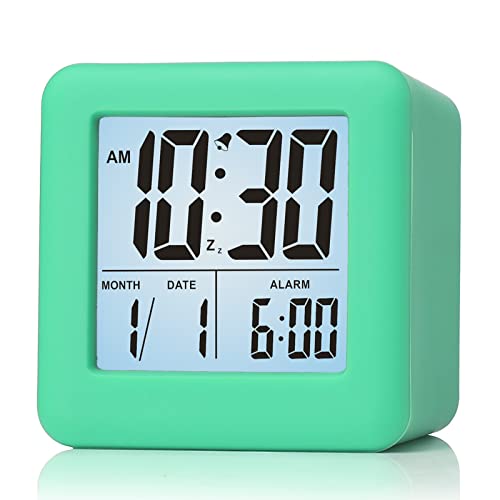 Plumeet Digital Alarm Clock Kids Clock with Snooze and White Nightlight - Easy Setting Travel Alarm Clocks Display Time, Date, Alarm - Ascending Sound - Battery Powered (Cyan) - color: Cyan