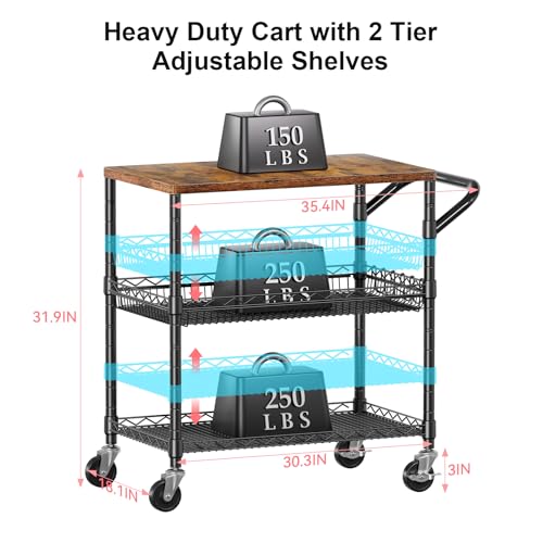 3 Tier Rolling Carts with Wheels, Heavy Duty Rolling Utility Cart with Wood Tabletop, Commercial Grade Metal Cart with Handle and Hooks, NSF Storage Serving Carts for Kitchen Island, Wood+Metal - color: Wood+metal-3 Tier