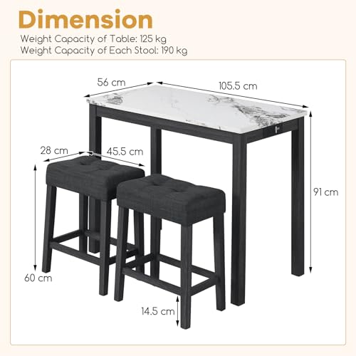 COSTWAY 3-Piece Wooden Bar Table Set with Charging Station | Modern Counter Height Table, Faux Marble Top, 2 Padded Stools, Console Table Set for Living Room, Kitchen, Dining Room, White - color: White