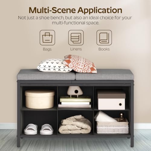 Shoe Storage Bench with Cushion, Entryway Bench, Shoe Rack with Padded Seat and 6 Oxford Compartments, for Closet, Bedroom, Entryway, Black and Gray HX01BK