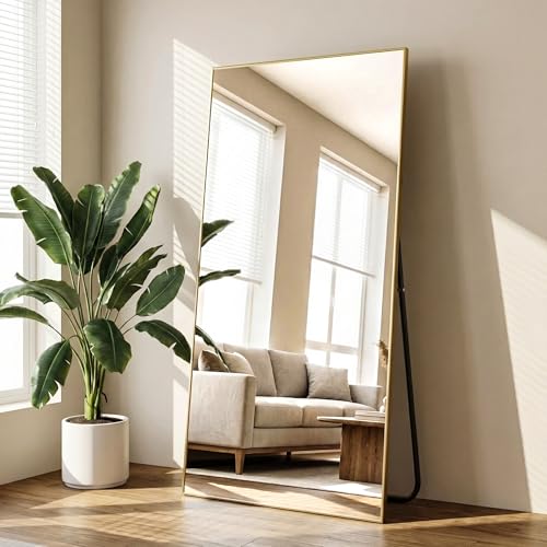 76" x 34" Oversized Full Length Mirror with Stand, Gold | Standing/Leaning/Wall Mounted Large Full Body Floor Mirror for Bedroom, Living Room, Entryway with Aluminum Alloy Frame - color: Gold, size: 76"L x 34"W