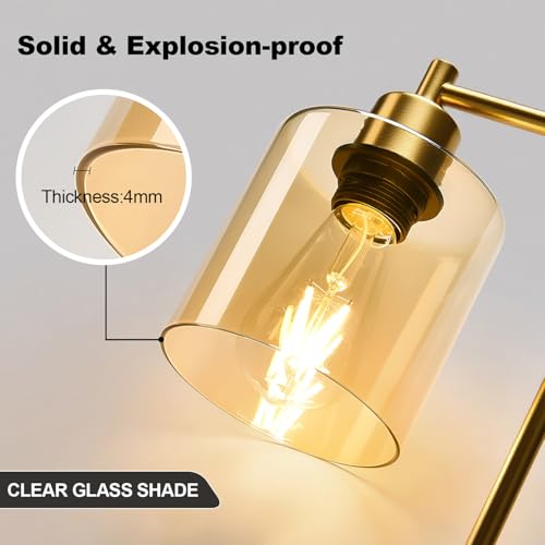 Set of 2 Industrial Touch Control Table Lamps with 2 USB Ports and AC Outlet - 3-Way Dimmable Gold Bedside Lamp Nightstand Desk Lamps for Bedroom Living Room, Amber Glass Shade & 2 LED Bulbs Included - color: Gold(2 pack)-Amber Glass-Touch Control