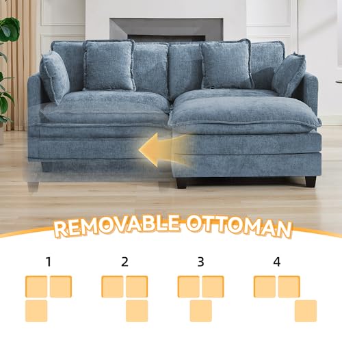 76'' Cloud Deep Seat Loveseat Sofa, Upholstered Chenille Modular 2-Seats Sectional Sofa Couch with Movable Ottoman, Modern Comfy Settee Loveseat for Living Room Set, Small Apartment, Blue - color: Blue, size: 76'' L Shape