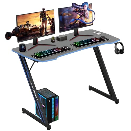 BLKMTY 47 Inch Gaming Desk Z-Shaped Computer Desk with Headphone Hook, Modern Gamer Desk Table for Home Office Dorm Sturdy Writing Workstation, Carbon Fiber Black, Blue - color: Blue, size: 47.28" Z-shaped