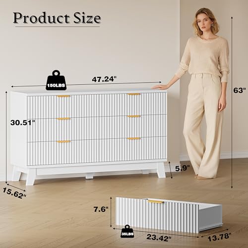 BORNOON Fluted 6 Drawer Dresser, 47.2" Wide Modern Boho Chest of Drawers, Wooden Storage Dresser TV Stand for Bedroom, Living Room, Closet, Hallway, Curved Profile Design - color: Pure White, size: 6-Drawer