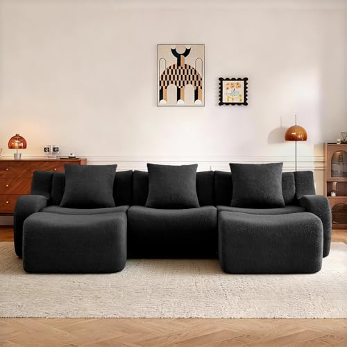 113.5” Sectional Boneless Sofa Couches, 3 Seater U-Shaped, Streamlined Design, No Assembly Modular Teddy Fabric Sofa for Living Room, Bedroom, Apartment, Home Office (Black) - color: Black02, size: 3Seat+2Ottoman