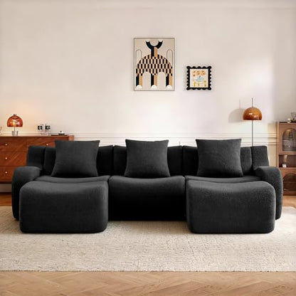 113.5” Sectional Boneless Sofa Couches, 3 Seater U-Shaped, Streamlined Design, No Assembly Modular Teddy Fabric Sofa for Living Room, Bedroom, Apartment, Home Office (Black) - color: Black02, size: 3Seat+2Ottoman