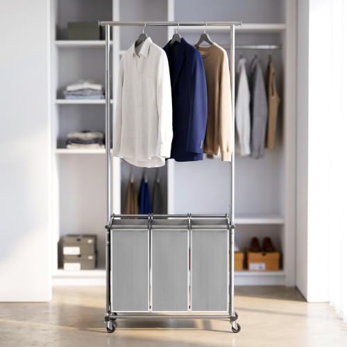 Simple Houseware Laundry Sorter Cart with Hanging Rod, Silver | Extendable Width from 30.6 to 48", Removable 3-Section Laundry Basket - color: Silver