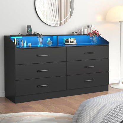 6 Drawer Dresser for Bedroom with Charging Station, Dresser with LED Light | Chest of Drawers for Closet, Modern Dressers with Open Storage Cubby, Double Wide Dressers - color: Black-