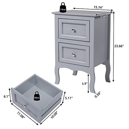 Bonnlo Gray Nightstand Set of 2, Nightstands with 2 Drawers, Bed Side Table/Night Stand, Small Nightstand for Bedroom, Small Spaces, College Dorm, Kids’ Room, Living Room, Wood, 16W x 12D x 24H, Grey - color: Grey