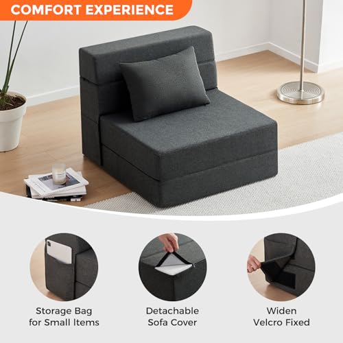 Folding Sofa Bed - Convertible Sleeper Chair with Pillow, Folding Chair Bed, Foam Floor Mattress, Futon Couch, Lazy Sofa for Living Room/Dorm/Guest Room/Home Office,Single，Gray
