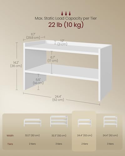 VASAGLE Shoe Rack for Closet, Stackable Organizer Shelf | Stackable Shoe Organizer Shelf for Entryway, 2 Tiers, 11.7 x 24.4 x 14.2 Inches, White, CUSTOS Collection, ULBS062WZ01S - size: 2 Tiers (24.4"W)