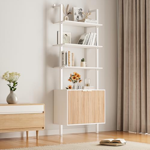 74" Tall Bookshelf with Storage Cabinet, Modern Ladder Shelf with Wood and Metal Frame, Wall Mount Bookcase Open Display Shelf Furniture for Living Room, Bedroom, Home Office, White and Oak - color: White & Oak