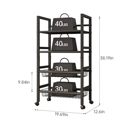 4-Tier Metal Rolling Cart with Removable Grid Shelves, Lockable Wheels & Handle for Kitchen, Bathroom, Office Storage, Black (Medium) - size: 19.7 in