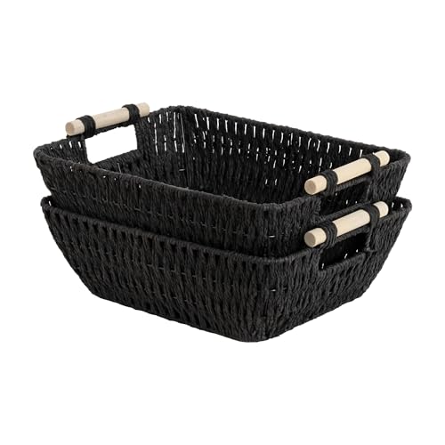 StorageWorks Wicker Baskets, Toilet Paper Baskets for Shelf, Bosana Green | Wicker Storage Baskets for Shelves, Baskets with Wooden Handles, 2-Pack Gifts Basket for Home Decor, Hand-Woven Basket - color: Black, size: Medium