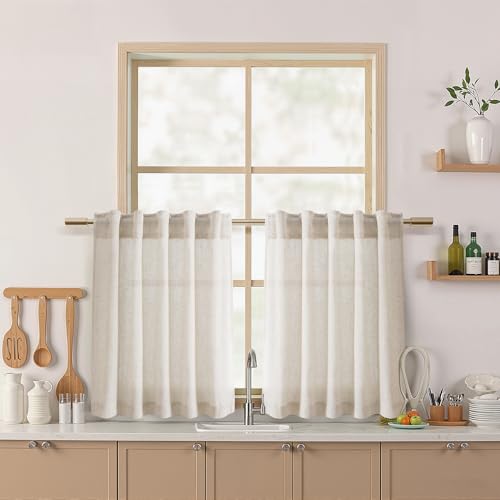 Beige Linen Curtains for Kitchen Windows Over Sink - Cafe Drapes Rustic Farmhouse Semi Sheer Curtains with Back Tab and Rod Pocket Short Curtain for Small Window 36 x 24 Inch,2 Panels - color: Linen, size: 36"W x 24"L (Pack of 2)
