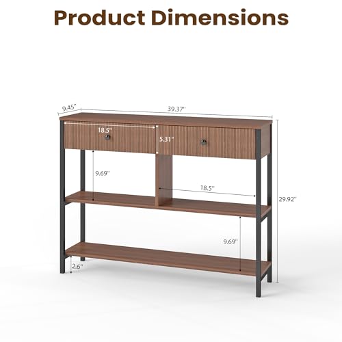 Manora Fluted Console Table with Wooden Drawers, Slim Entryway Table with Open Shelf, Tall Thin Side Table for Couch, Small Sofa Side Table for Hall, Hallway, Bedroom, Living Room, Foyer, Walnut
