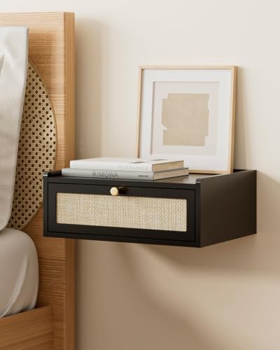 Floating Nightstand,Wall Mounted Night Stand with Drawer,Small Floating Shelves,Floating Wood Bedside Table for Bedroom、Living Room、Bathroom (Bohemian, Black.) - color: Black., style: Bohemian