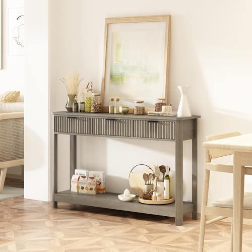 RUSTOWN Fluted Wood Console Table with 3 Drawers, 47.2" Boho Entryway Table | Narrow Behind Couch Sofa Table, Open Storage Shelf, Curved legs, 2 Tier Modern Farmhouse Hallway Table for Living Room, Foyer - color: Washed Oak