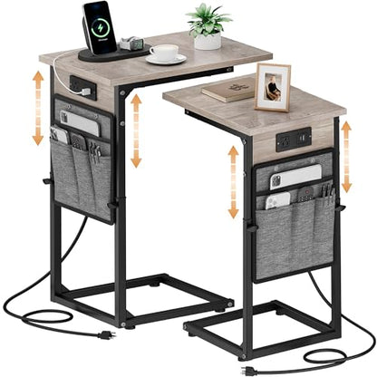C-Shaped End Tables Set of 2 with Charging Station, 33'' Tall C Table Adjustable Height Side Table, Sofa Table for Couch, Couch Table that Slide Under Sofa, TV Trays for Living Room, Greige - color: 2pc Greige, style: With Plug