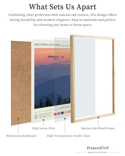 HesenDot 12x16IN Natural Oak Wood Framed Wall Art Smoky Mountains 1Pack | Great Smoky Mountains Landscape Canvas Print with Natural Oak Wood Frame, Ready to Hang for Bathroom, Bedroom, Office - color: Framed Great Smoky Mountains