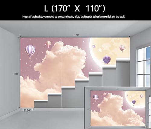 Pink and Purple Clouds Wallpaper Mural for Girls Room | Hot Air Balloons Moon Wall Mural 170"x110" Not Peel and Stick - color: Art Wall-66, size: 170" x 110"
