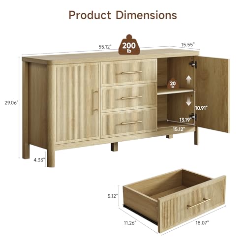 55" Buffet Cabinet with Storage, Reeded Sideboard Cabinet with 3 Drawers, 2 Doors and Thickended Top, Wood Coffee Bar Cabinet with Adjustable Shelves, Storage Cabinet for Entryway, Living Room, Oak - color: Oak