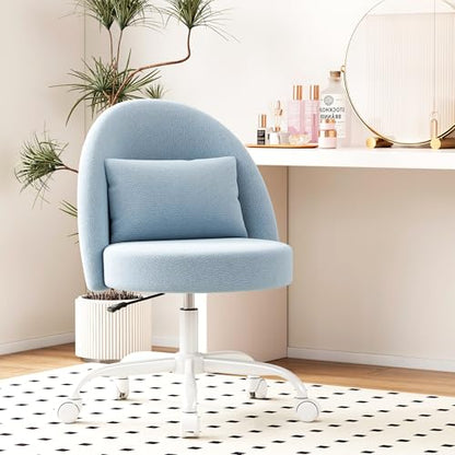 Misolant Vanity Chair with Back, Armless Cute Office Chair with Wheels for Girls, Teddy Fleece Fabric Small Desk Chairs with Adjustable Height, Lumbar Support Pillow, 360°Swivel for Makeup Room, Blue - color: Blue