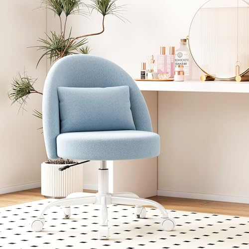 Misolant Vanity Chair with Back, Armless Cute Office Chair with Wheels for Girls, Teddy Fleece Fabric Small Desk Chairs with Adjustable Height, Lumbar Support Pillow, 360°Swivel for Makeup Room, Blue - color: Blue