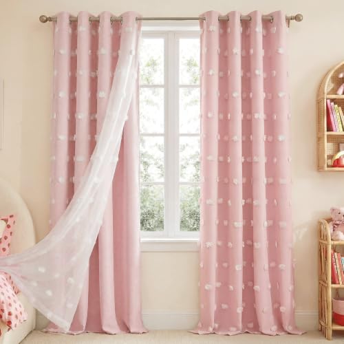 NICETOWN Crystal Pink Pom Pom Kids Curtains 96 inch Length, Room Darkening Double Layer Sheer Drapes for Girls Room Decor, Grommet Thermal Window Treatments, W52 x L96, 2 Panels - color: Crystal Pink, size: 52"W x 96"L (Pack of 2)