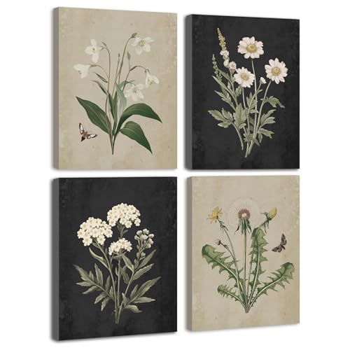KUVIOKE Vintage Botanical Boho Framed Wall Art Set of 4 Piece Antique Flower Prints Farmhouse Retro Plants Rustic Artwork Bathroom Kitchen Home Decor Ready to Hang 8x10inx4pcs (Framed) - color: Vintage Botanical - Standard, size: 8 x 10in x 4 Panels