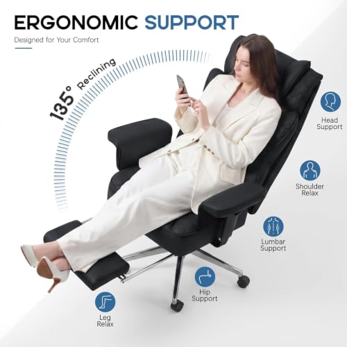 Office Desk Chair, High-Back Big and Tall Leather Chair with Footrest | Ergonomic Reclining Computer Chairs, Comfy Executive Wide Chair with Lumbar Support (Black) - color: Black
