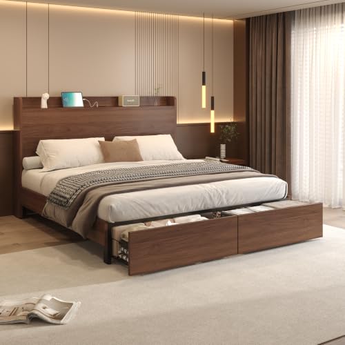 Full Size Bed Frame with Storage Headboard & 2 Drawers, Mid-Century Modern Platform Bed with Charging Station & Shelf, Wooden Slat Support, No Box Spring Needed(Full) - size: Full